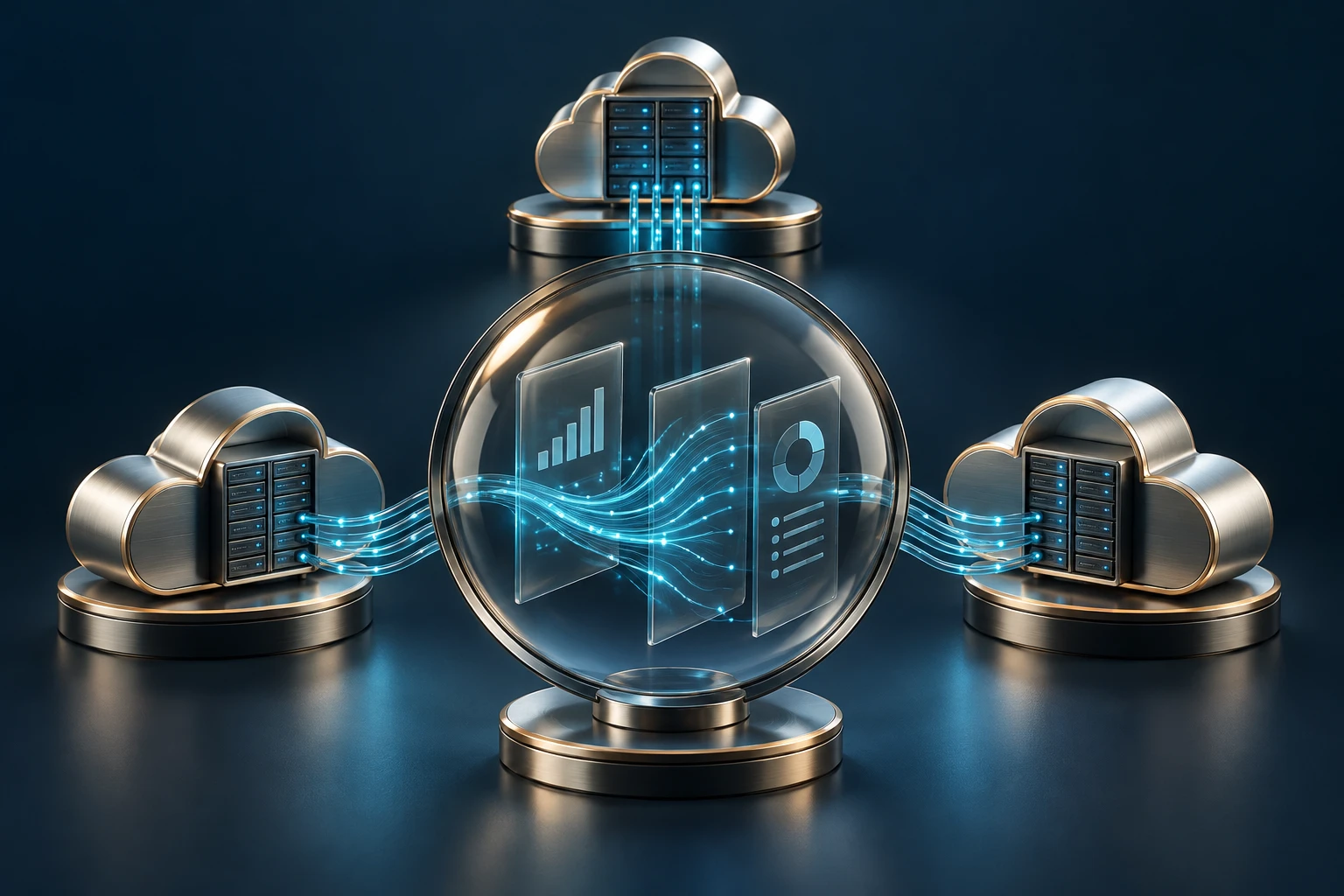 Lente transparente revelando conexões entre recursos cloud
